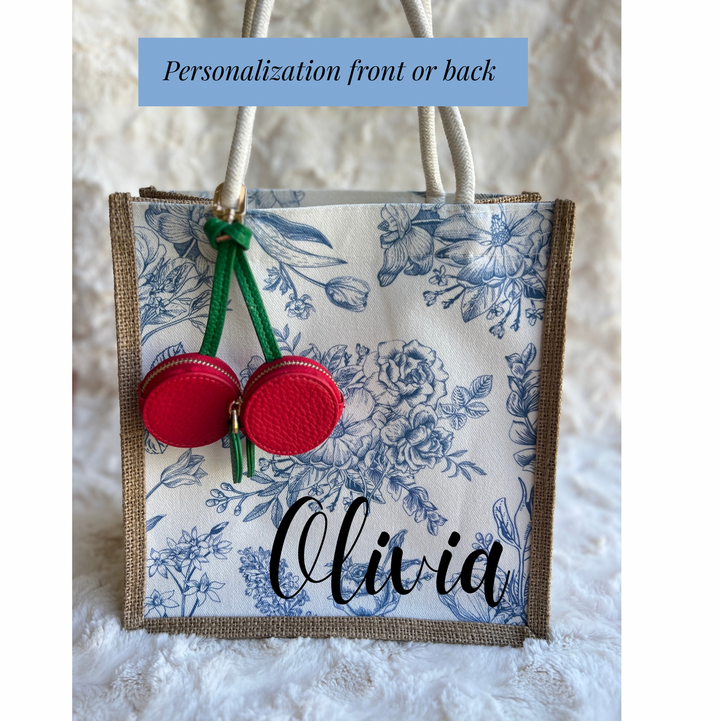 Personalized Blue floral cherry dangle bag