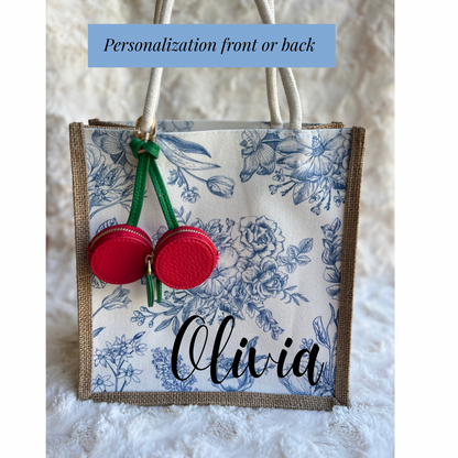 Personalized Blue floral cherry dangle bag