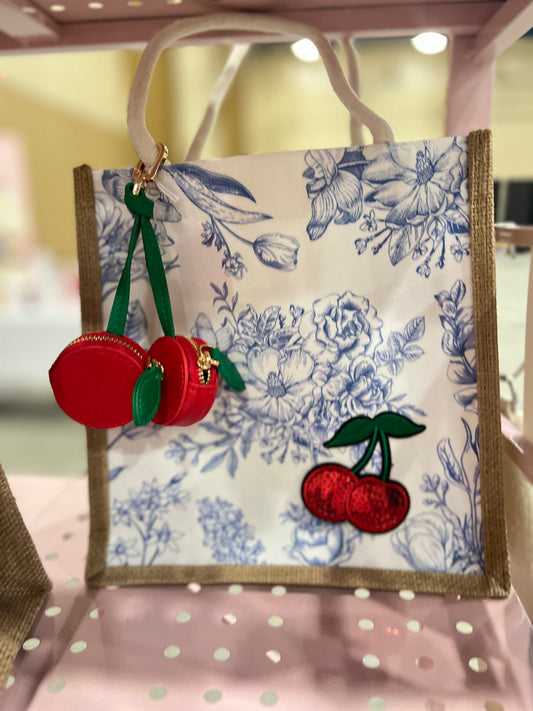 Personalized Blue floral cherry dangle bag
