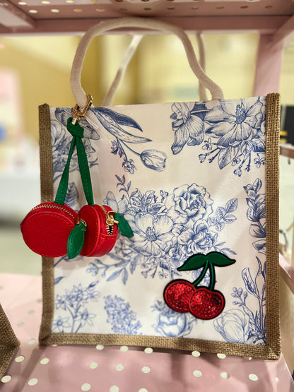 Personalized Blue floral cherry dangle bag