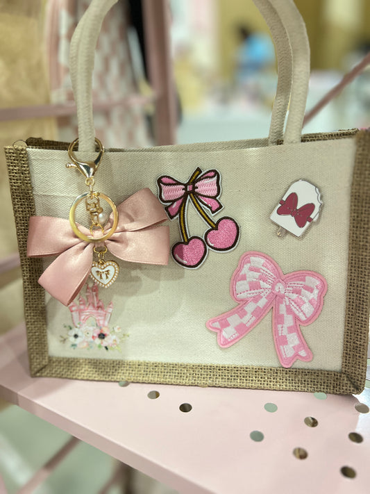Personalized Small canvas tote bag with Bow key ring dangle