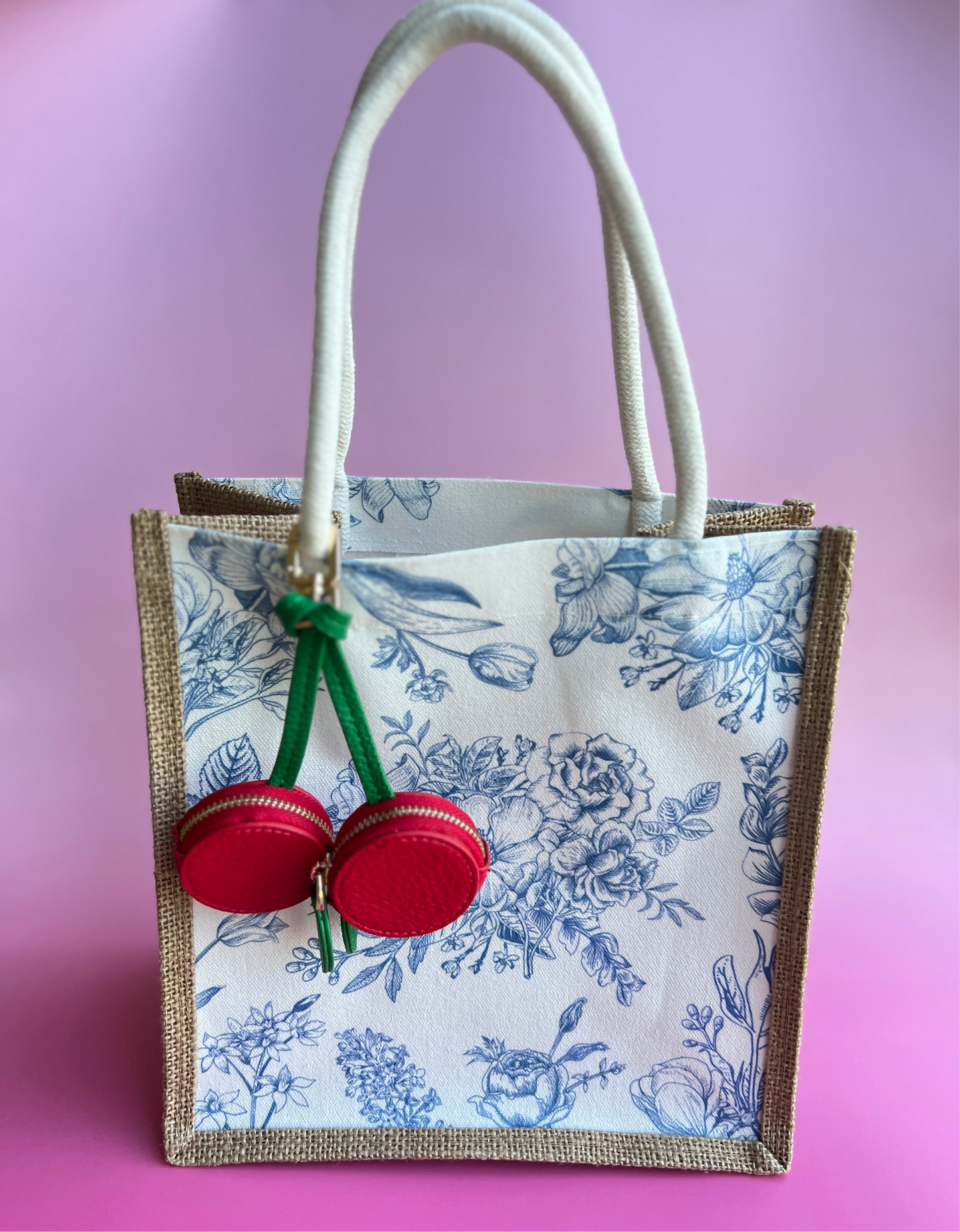 Personalized Blue floral cherry dangle bag