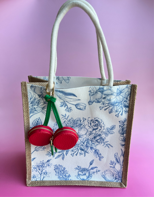 Blue Floral Tote Bag with Cherry Charm | Personalized Vacation Tote