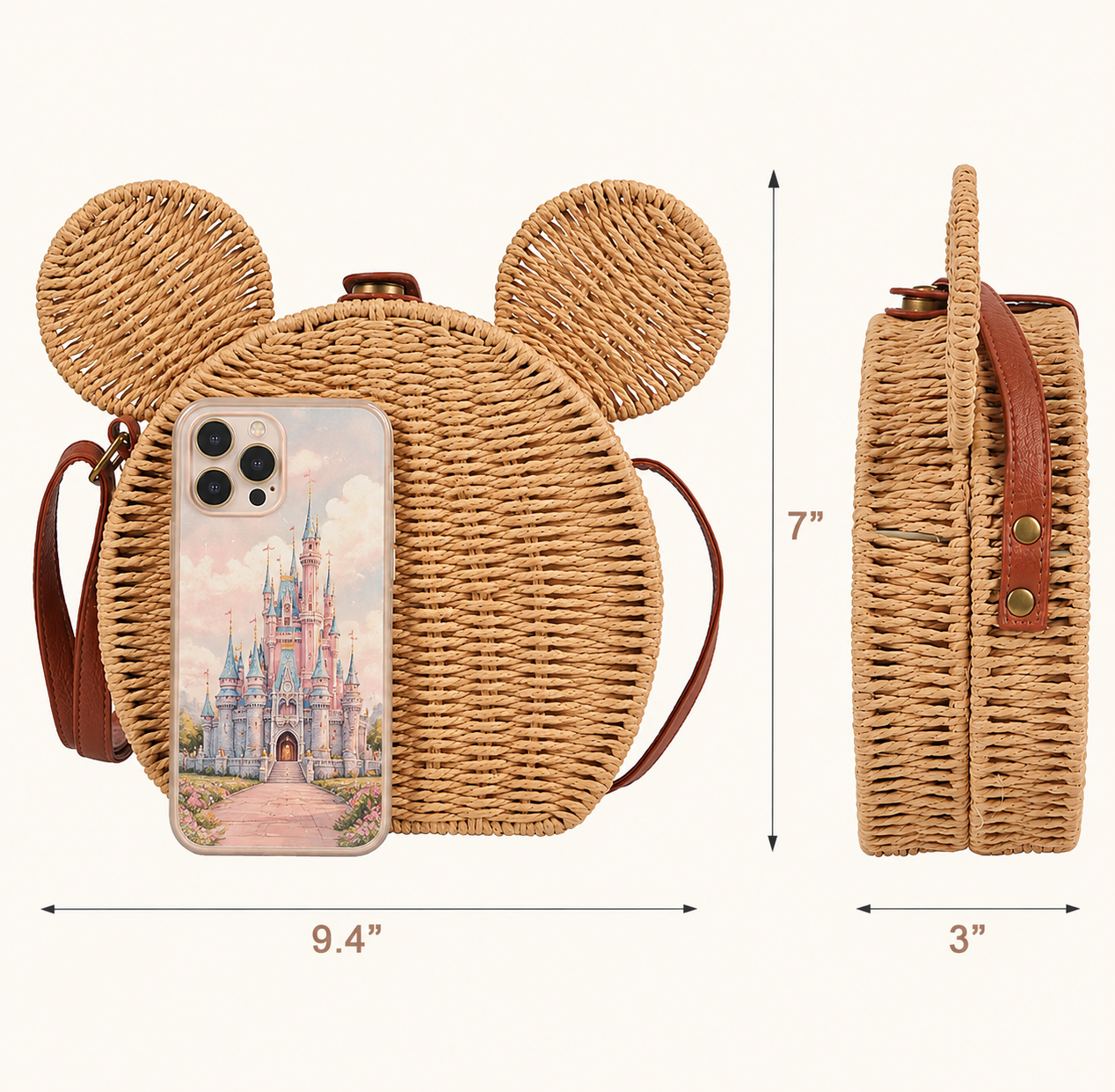 A woven straw crossbody bag shaped like a mouse head with large ears, shown from the front and side on a light beige background. The front view includes a phone case with a castle illustration, and the image includes dimension labels: 9.