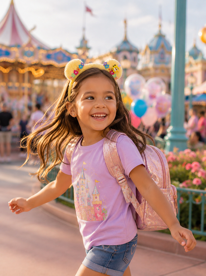 A young girl smiling and running at a fair or theme park, wearing a lavender graphic T-shirt with a castle print, denim shorts, a pink glittery backpack, and a yellow mouse-ear headband.