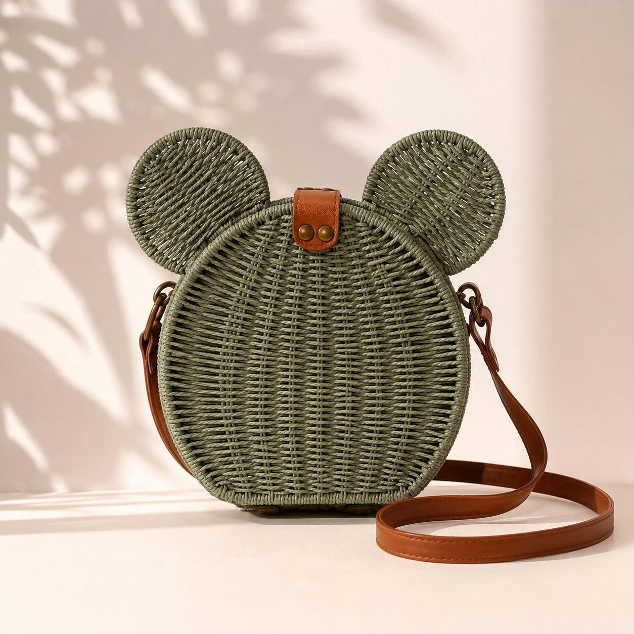 A round woven rattan shoulder bag with mouse ears on top and a brown leather strap, set against a warm beige background with soft leaf shadows.