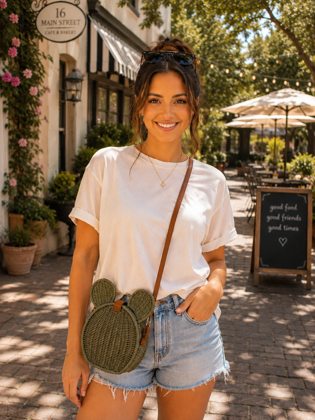 A woman stands on a sunlit outdoor street wearing a white short-sleeve t-shirt, denim shorts, and a small round olive green woven crossbody bag with a brown strap. The bag has a mouse-head silhouette with ear cutouts.