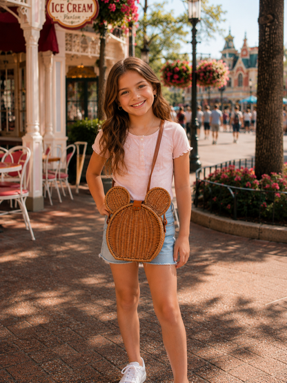 A young girl stands on a sunny brick walkway in a themed park, wearing a light pink t-shirt, denim shorts, and white sneakers, while carrying a round woven wicker shoulder bag shaped like a mouse head with ears.