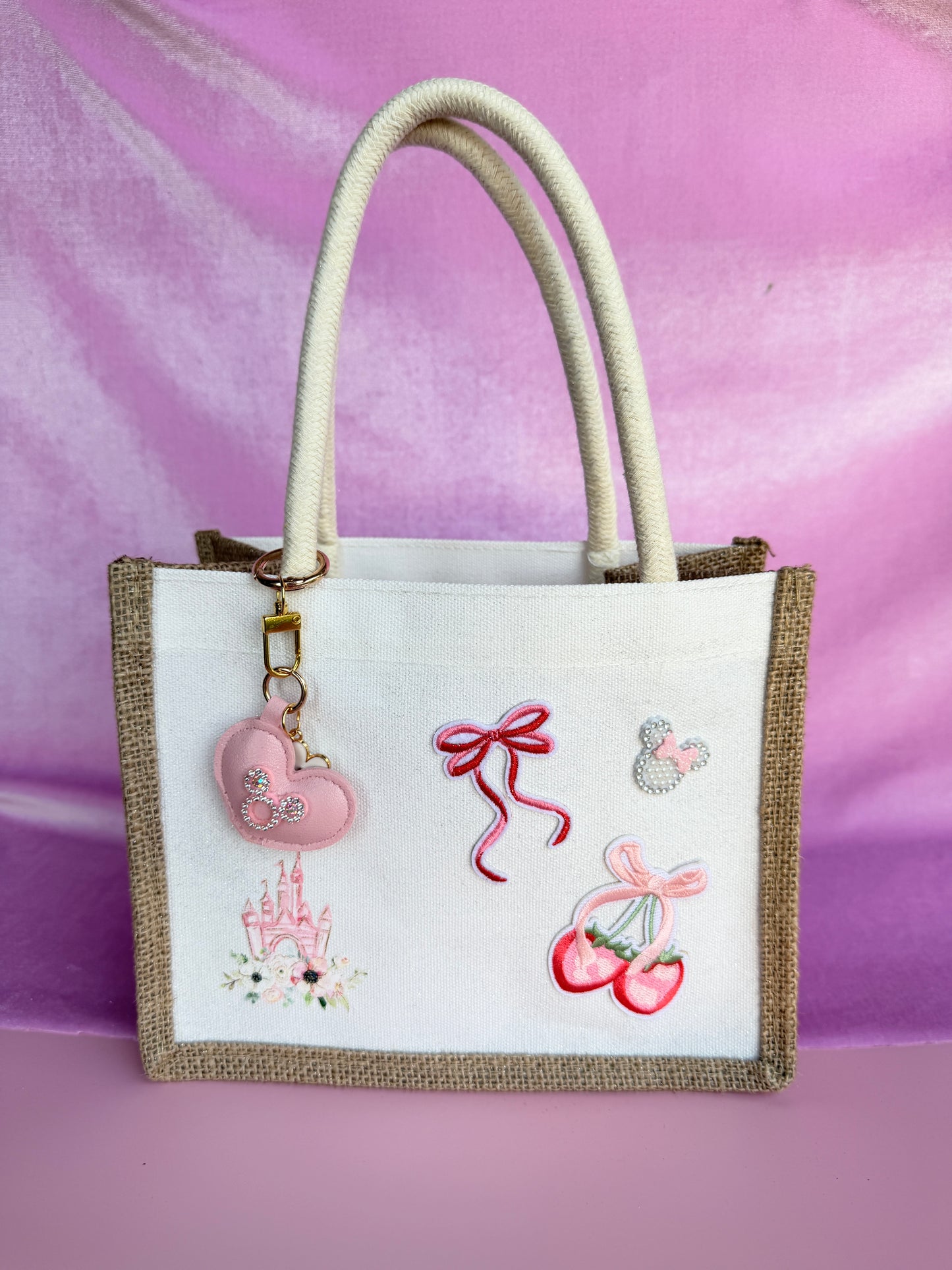 Personalized Disney Inspired Pink Bow Canvas Tote with Charm