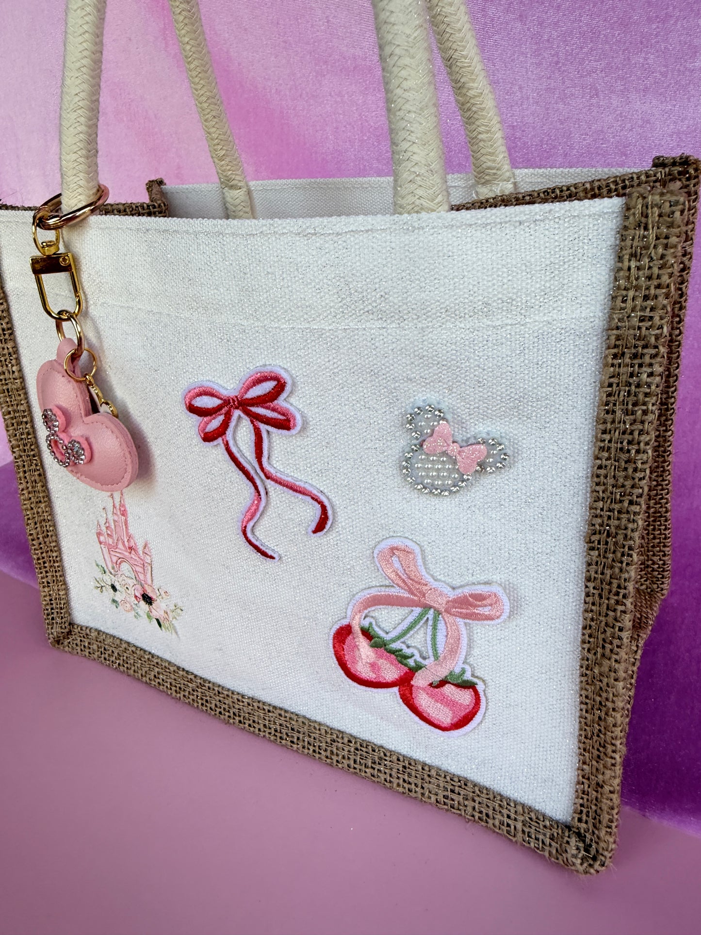 Personalized Disney Inspired Pink Bow Canvas Tote with Charm