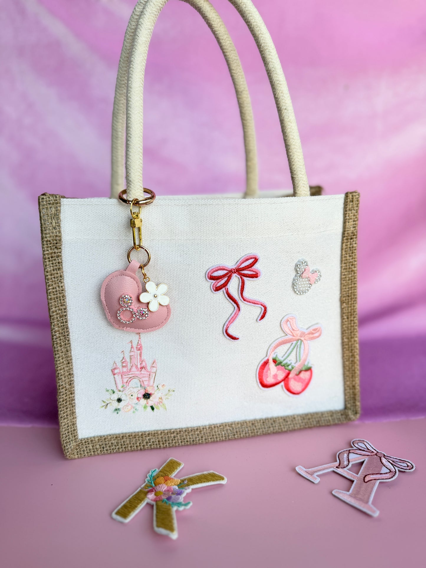 Personalized Disney Inspired Pink Bow Canvas Tote with Charm