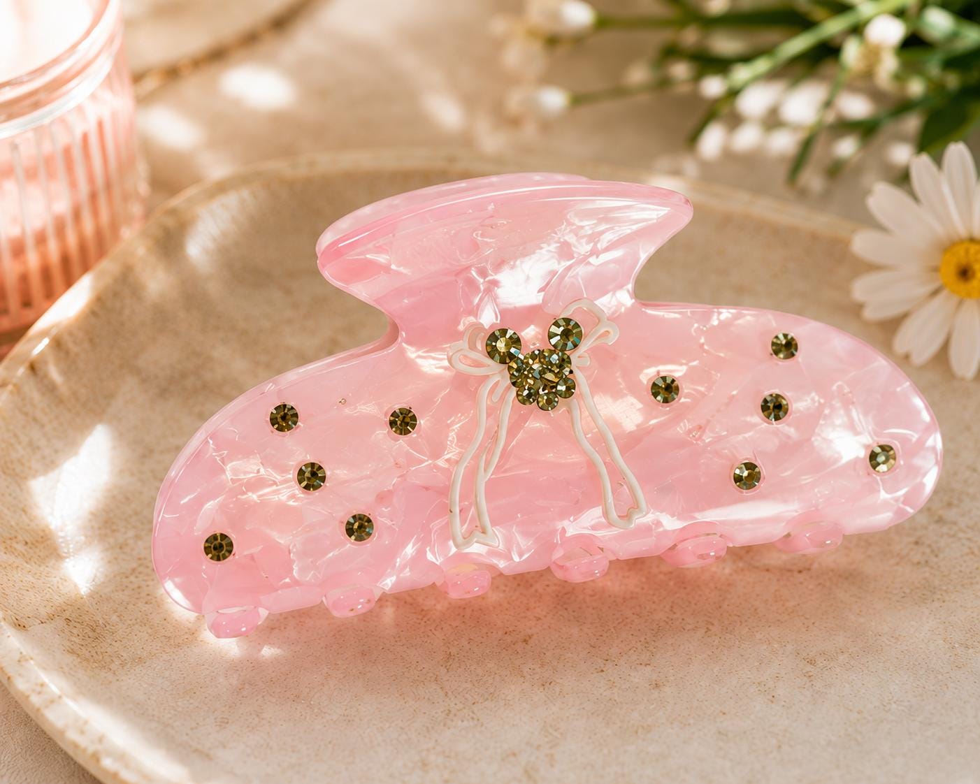 Pink Bow Hair Claw Rhinestone Mickey Head Hair Clip