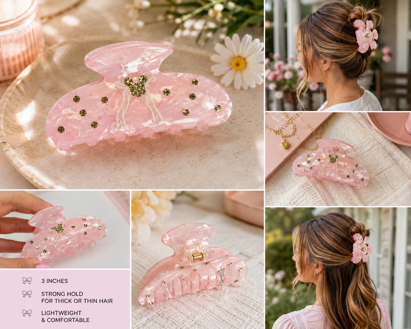 Pink Bow Hair Claw Rhinestone Mickey Head Hair Clip