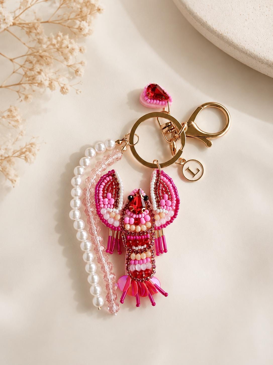 Personalized Bag Charm Lobster Keychain Pink Lobster Bag Charm Beaded Lobster Charm