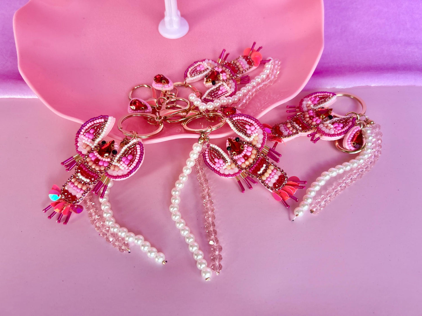 Personalized Bag Charm Lobster Keychain Pink Lobster Bag Charm Beaded Lobster Charm
