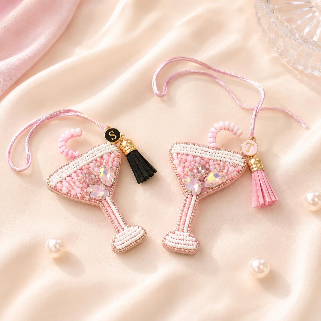 Martini Glass Bag Charm Beaded Personalized Keychain