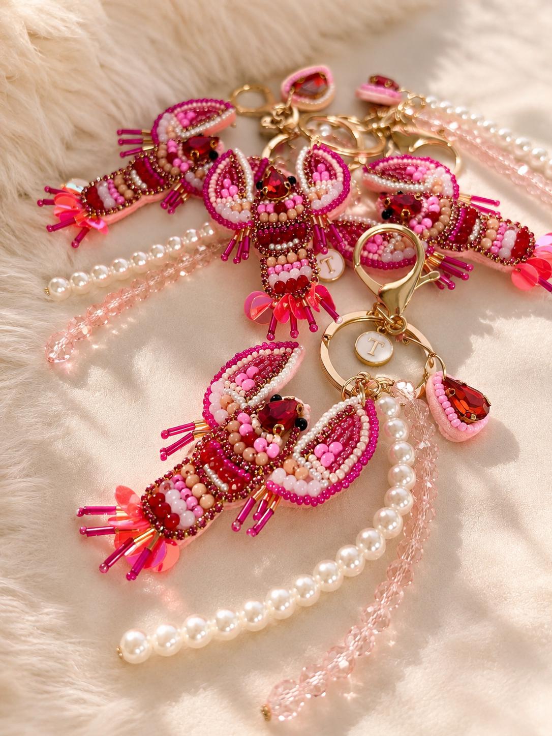 Personalized Bag Charm Lobster Keychain Pink Lobster Bag Charm Beaded Lobster Charm