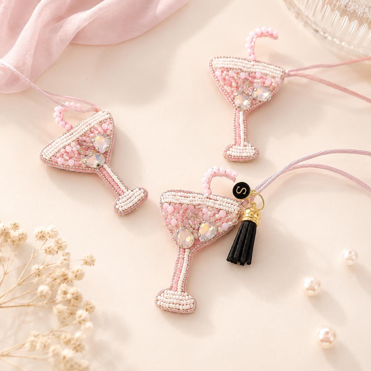 Martini Glass Bag Charm Beaded Personalized Keychain