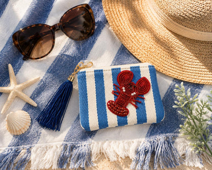 Beaded Lobster Coin Purse Nautical Keychain Beach Wristlet
