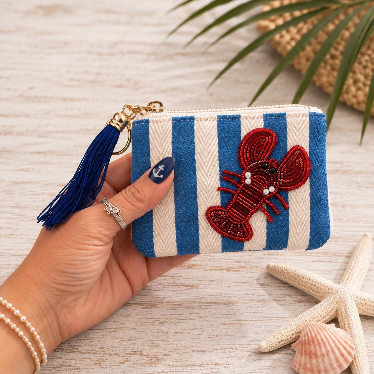 Beaded Lobster Coin Purse Nautical Keychain Beach Wristlet