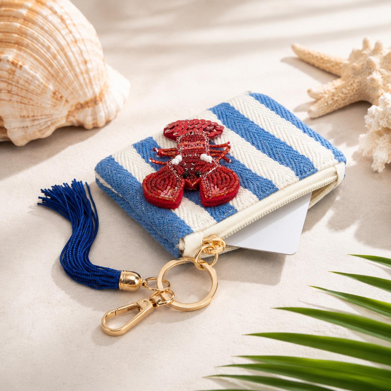Beaded Lobster Coin Purse Nautical Keychain Beach Wristlet