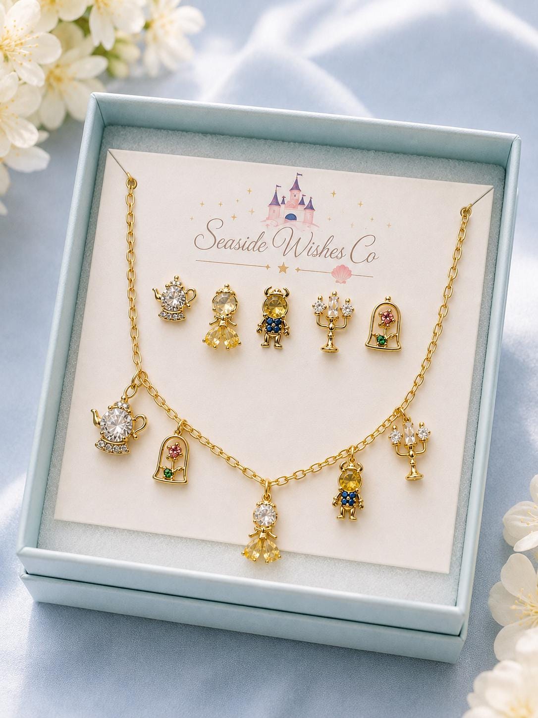 Enchanted Rose Charm Necklace & Earrings Jewelry Set