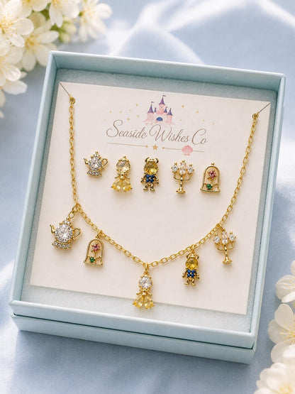 Enchanted Rose Charm Necklace & Earrings Jewelry Set
