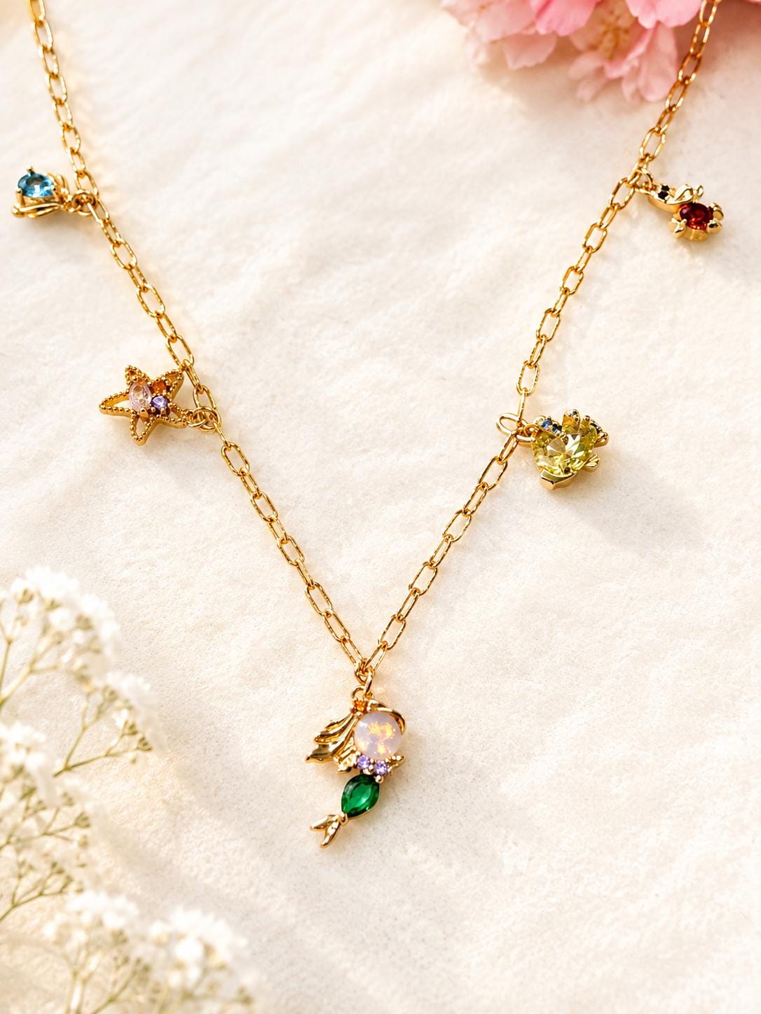 Mermaid charm necklace ocean inspired gold jewelry