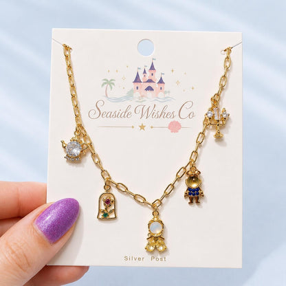 Enchanted Rose Charm Necklace & Earrings Jewelry Set