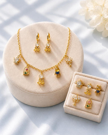 Enchanted Rose Charm Necklace & Earrings Jewelry Set