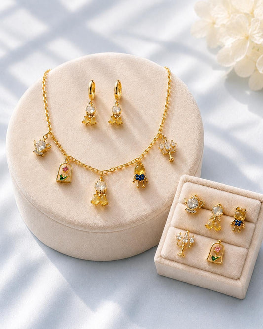 Enchanted Rose Charm Necklace & Earrings Jewelry Set